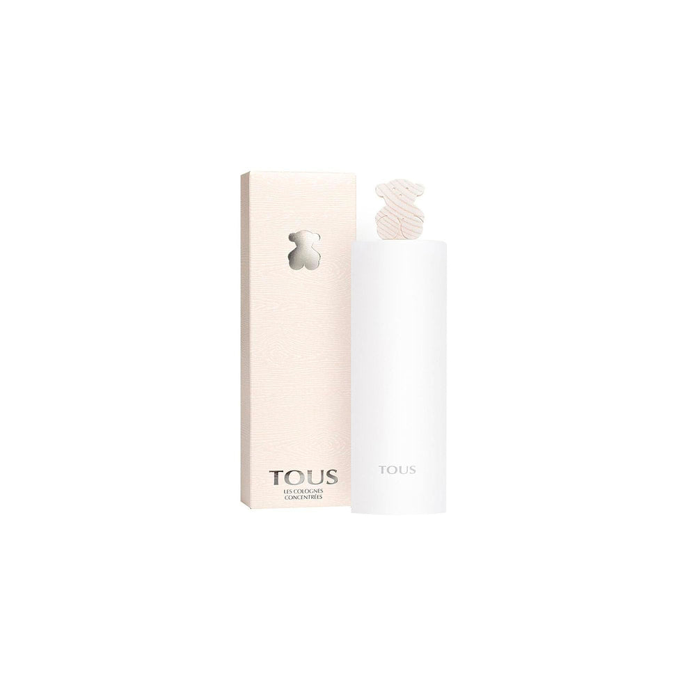 Tous Light pink rectangular glass perfume bottle with bear-shaped cap, textured cardboard box, silver logo