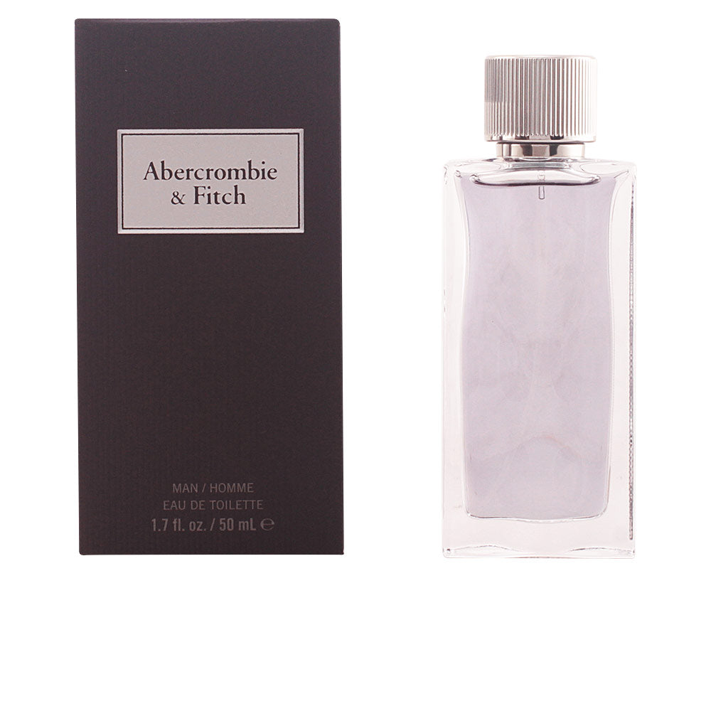 Abercrombie & Fitch Silver and transparent glass perfume bottle with ribbed metallic cap, rectangular shape and side label