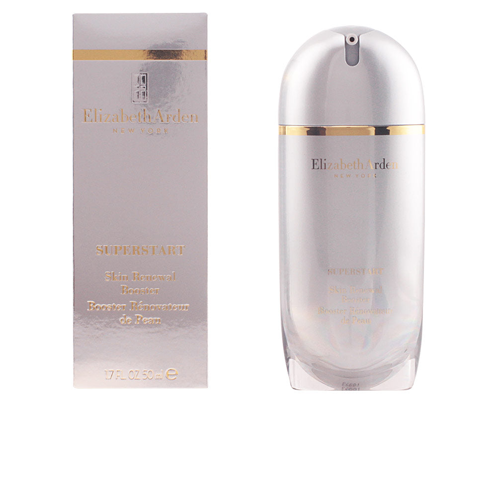 Elizabeth Arden Silver plastic skin renewal booster bottle with gold band and pump dispenser, sleek luxury design