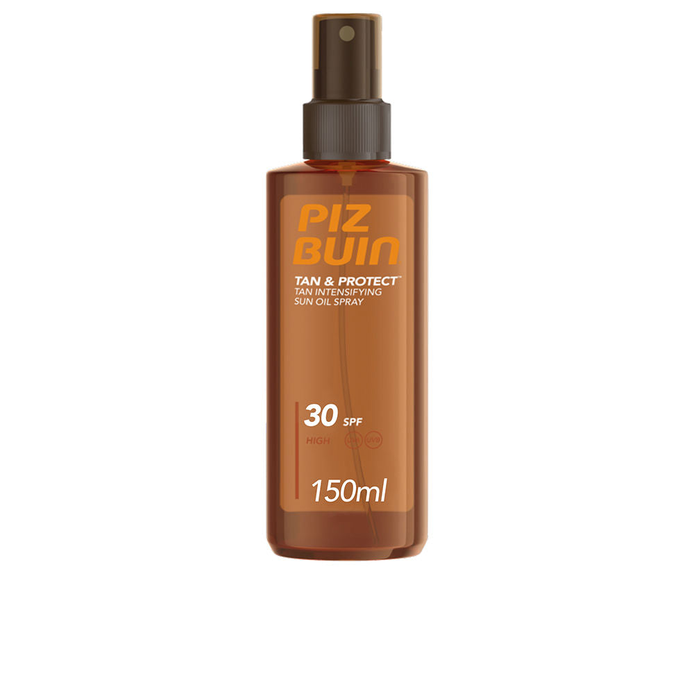Brown transparent plastic sun oil spray with spray nozzle, labeled TAN & PROTECT SPF30, Piz Buin