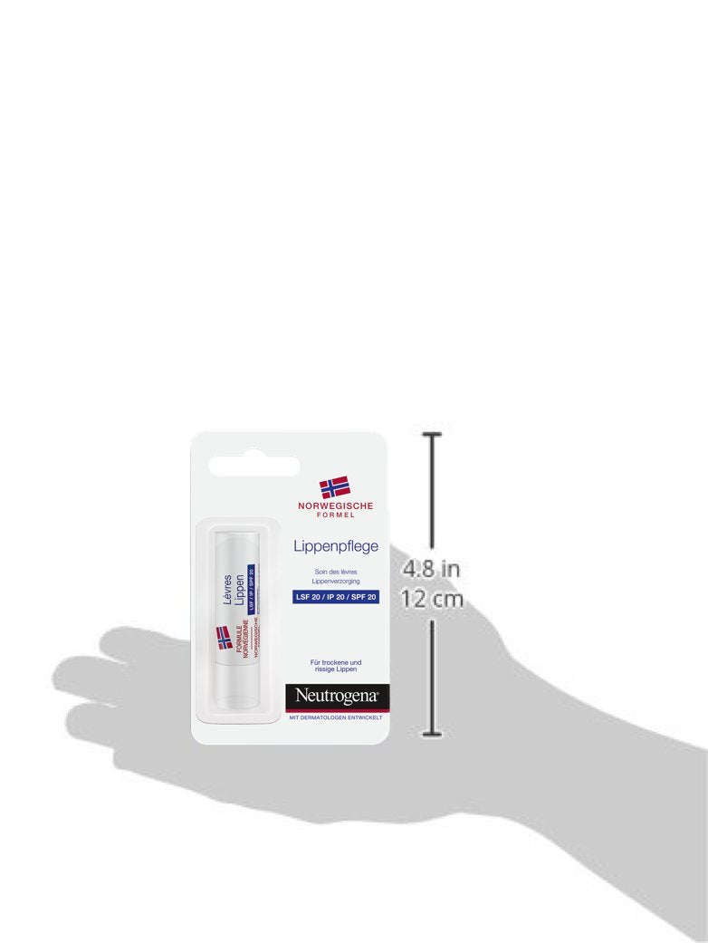 Neutrogena White plastic cylindrical lip balm with twist-up mechanism, printed text, logo, and Norwegian flag symbol
