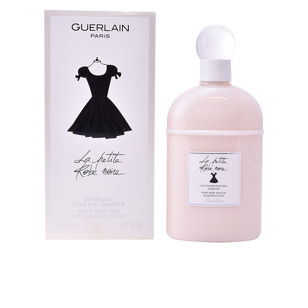Guerlain Light pink plastic body milk bottle with black dress illustration, round black cap and white label