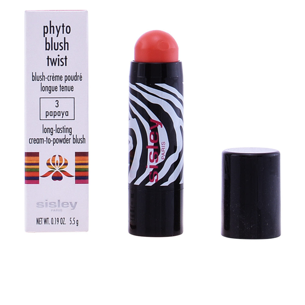 5.5 g twist-up blush stick in papaya shade, rounded applicator visible