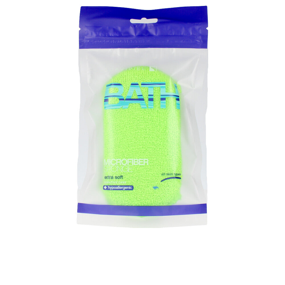 Neon green microfiber rectangular bath sponge with visible texture, packaged in clear bag, Suavipiel