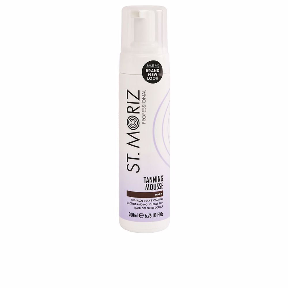 St. Moriz White-to-light-purple gradient plastic tanning mousse bottle with pump dispenser, black circular label and logo text