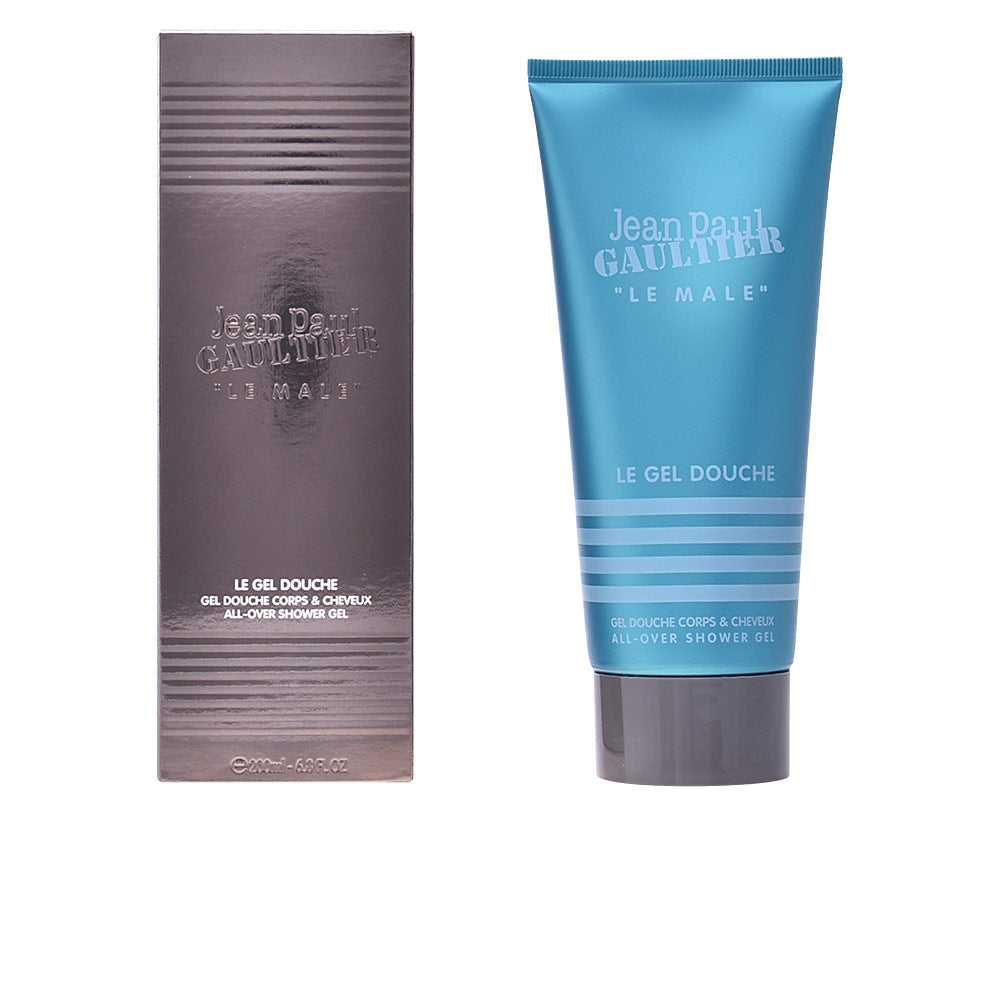 Jean Paul Gaultier Modern striped blue, gray, and black shower gel tube with matching cardboard box, plastic tube visible