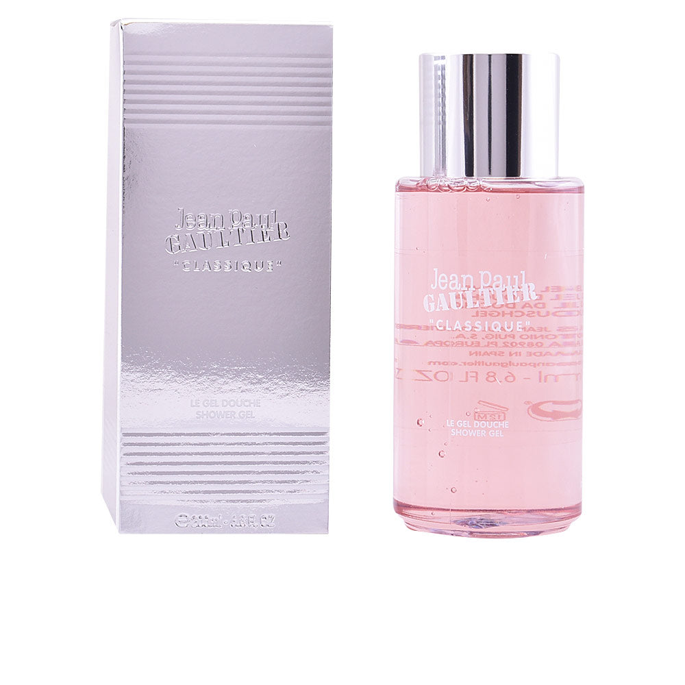 Pink transparent shower gel bottle with silver cap, printed label and rectangular embossed cardboard box, Jean Paul Gaultier