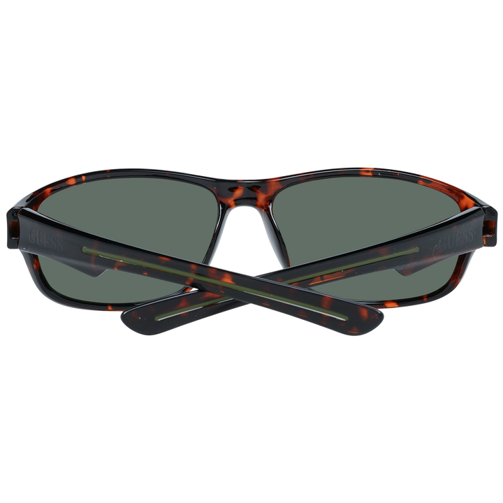 Unisex tortoise shell rectangular sunglasses in plastic full-rim with dark green lenses and logo on temple