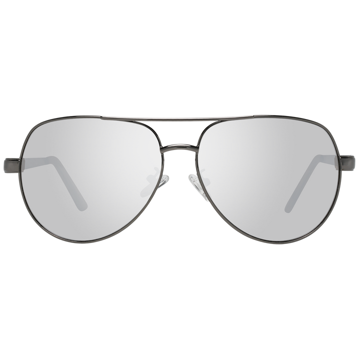 Gunmetal gray metal aviator sunglasses with double bridge and adjustable nose pads, silver finish and temple logo