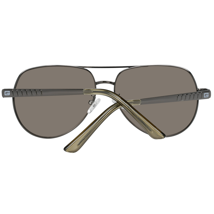 Gunmetal gray metal aviator sunglasses with double bridge and adjustable nose pads, silver finish and temple logo