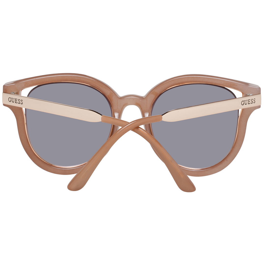 Brown and beige thick plastic round sunglasses with silver mirrored lenses on white background