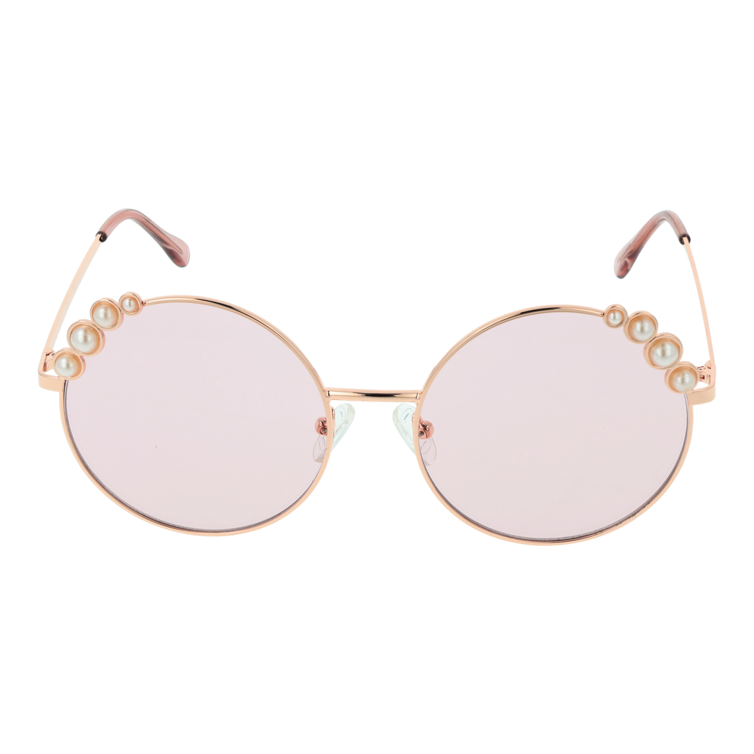 Rose gold metal round sunglasses with pink gradient lenses and pearl accents on top corners