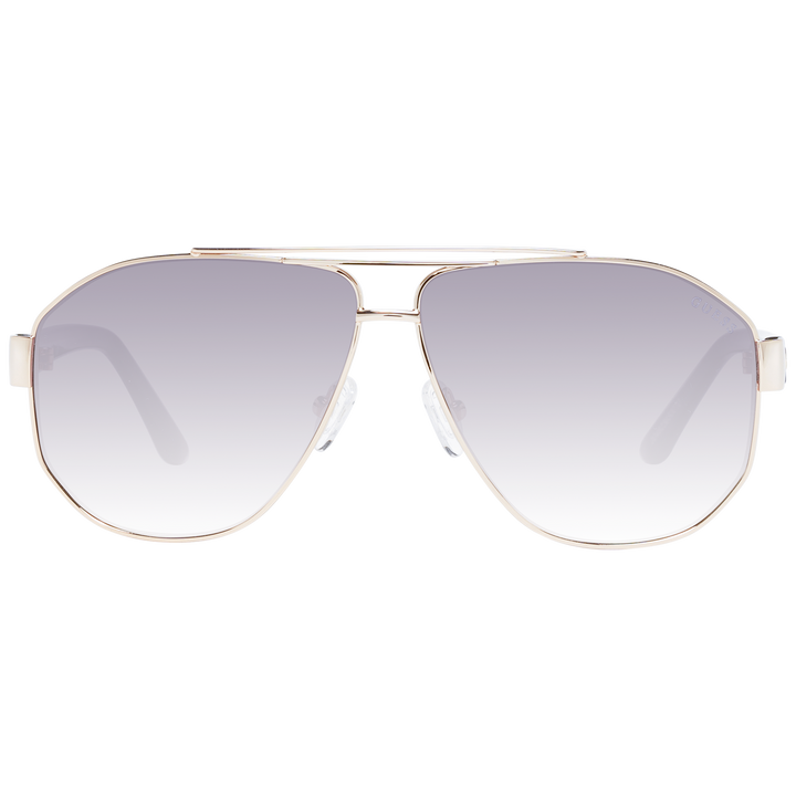 Gold metal aviator sunglasses with double bridge, grey gradient lenses and black plastic temples, logo on temple