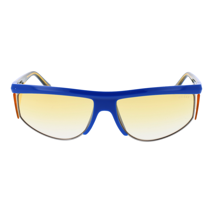 Blue, yellow, and orange sporty plastic sunglasses with tinted polarized lenses and side shields