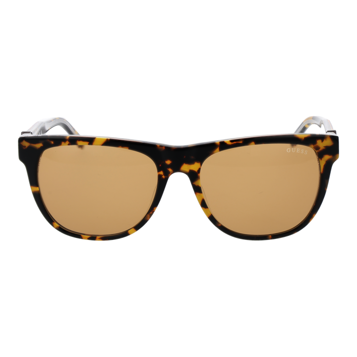 Unisex tortoiseshell rectangular sunglasses in plastic full-rim with brown lenses and logo on temples