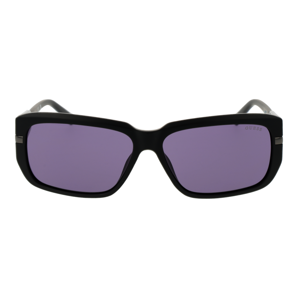 Black plastic rectangular sunglasses with purple lenses and decorative metal-accented side panels on neutral background