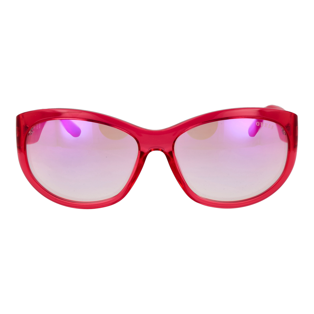 Red cat-eye sunglasses in glossy plastic with gradient lenses and embossed temple detail, logo on lens