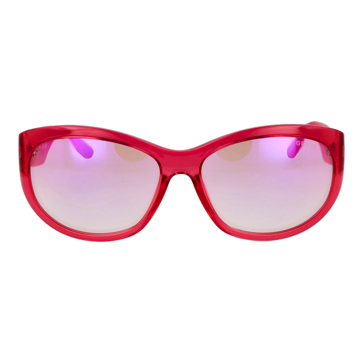 Red cat-eye sunglasses in glossy plastic with gradient lenses and embossed temple detail, logo on lens