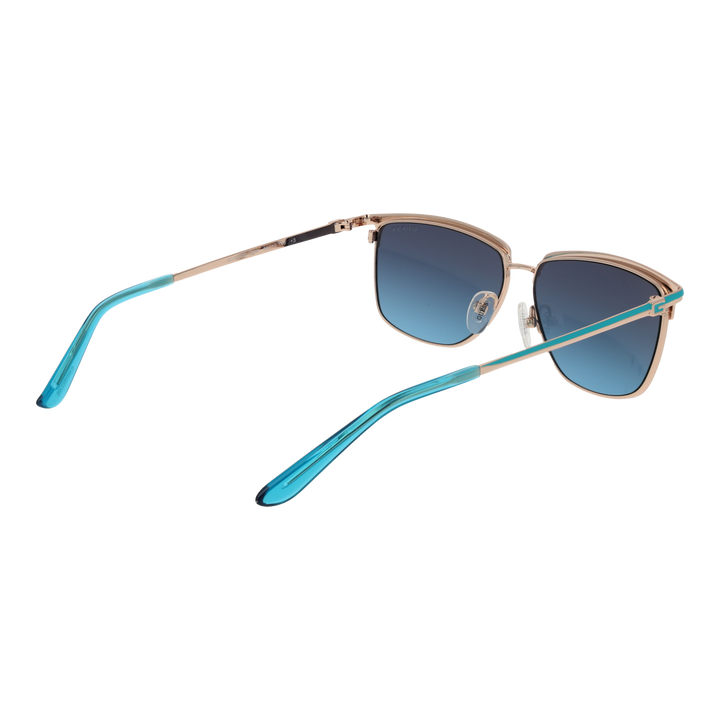 Gold metal aviator sunglasses with gradient lenses and blue temple tips shown front-on