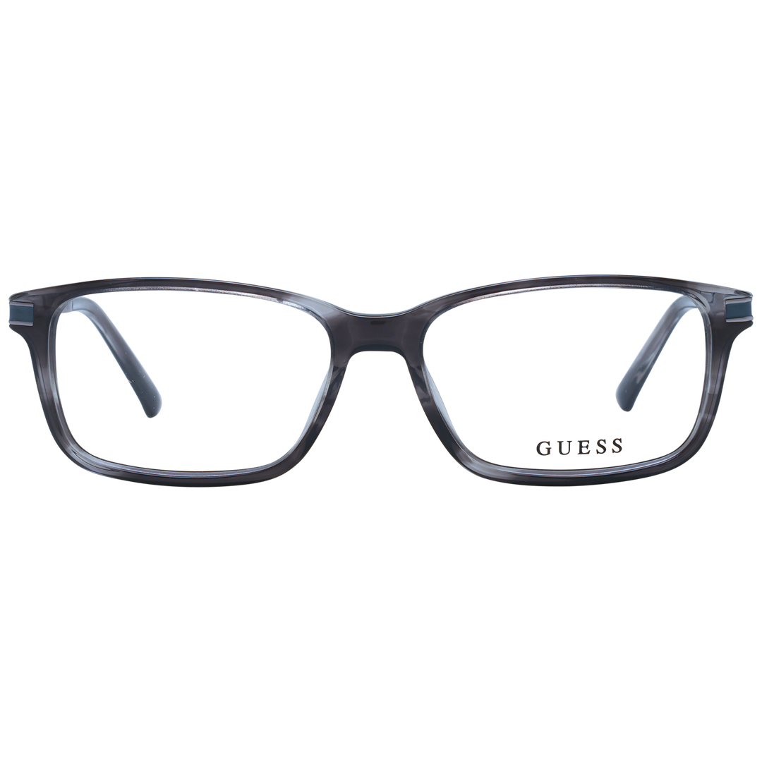 Unisex transparent rectangular eyeglasses with gray plastic frame and metal temples featuring logo detail