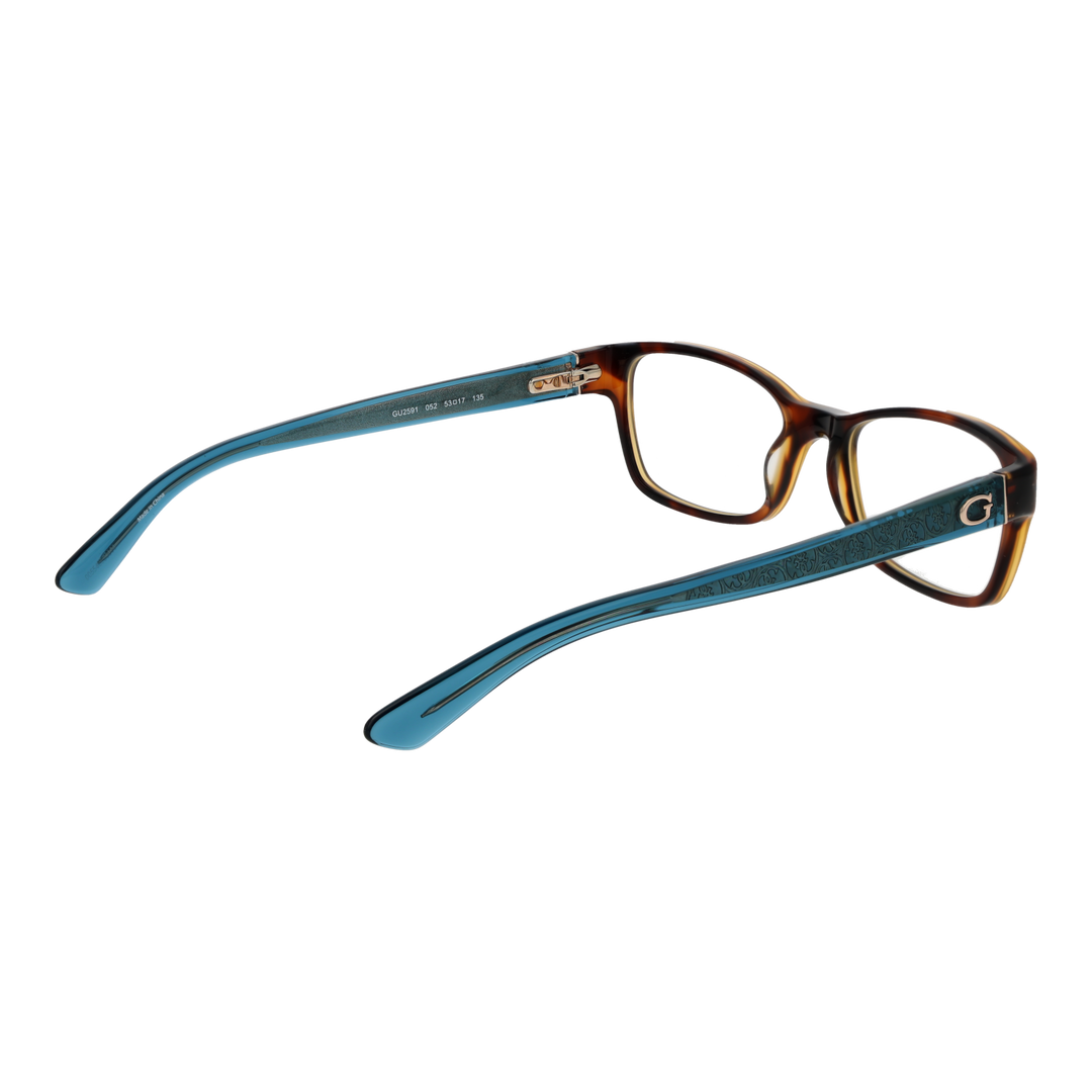Brown and blue plastic rectangular eyeglasses with patterned temples and metallic G logo, front three-quarter view
