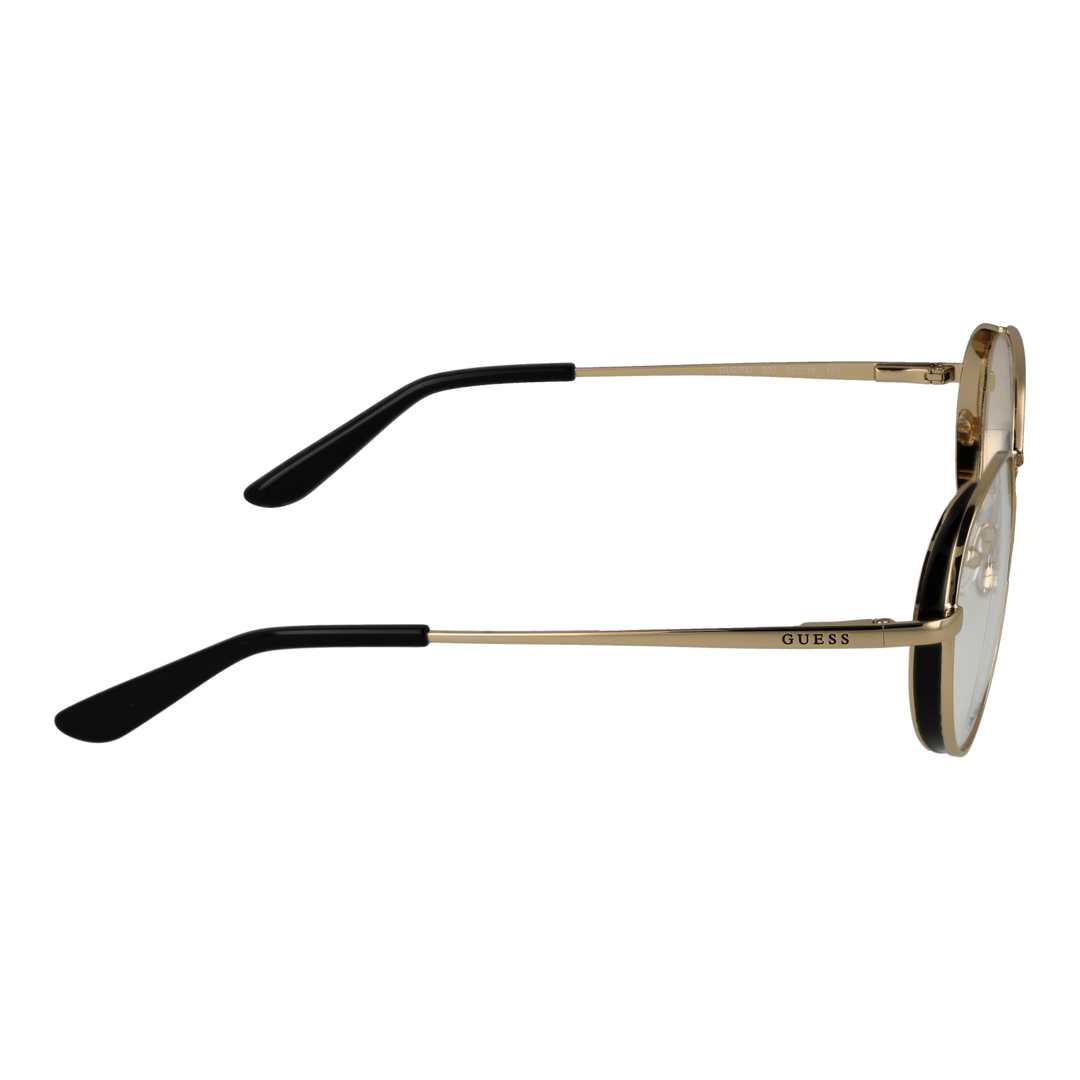 Unisex gold metal round eyeglasses with thin frame and black temple tips, front view on white background.