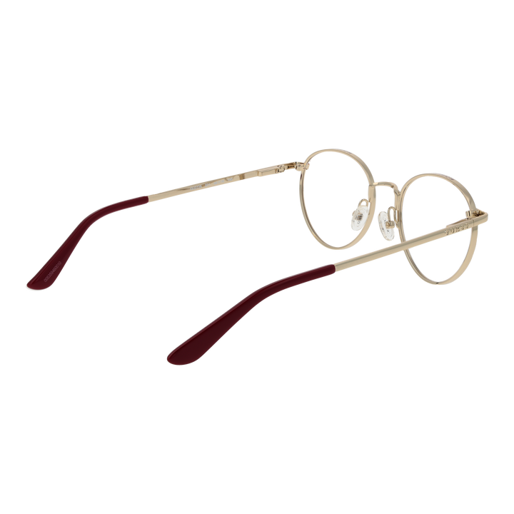 Unisex gold metal round eyeglasses with thin frame and adjustable nose pads against white background