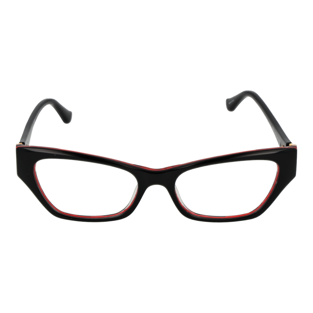 Black and red cat-eye eyeglasses in plastic with gold temples and logo emblem, front three-quarter view