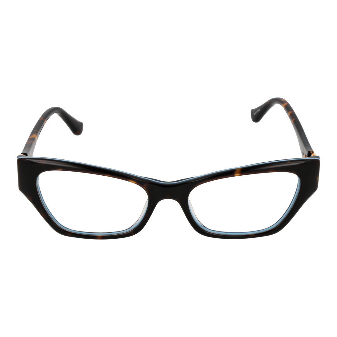Tortoiseshell cat-eye eyeglasses in brown-black plastic with blue triangular G logo on temples, angled view
