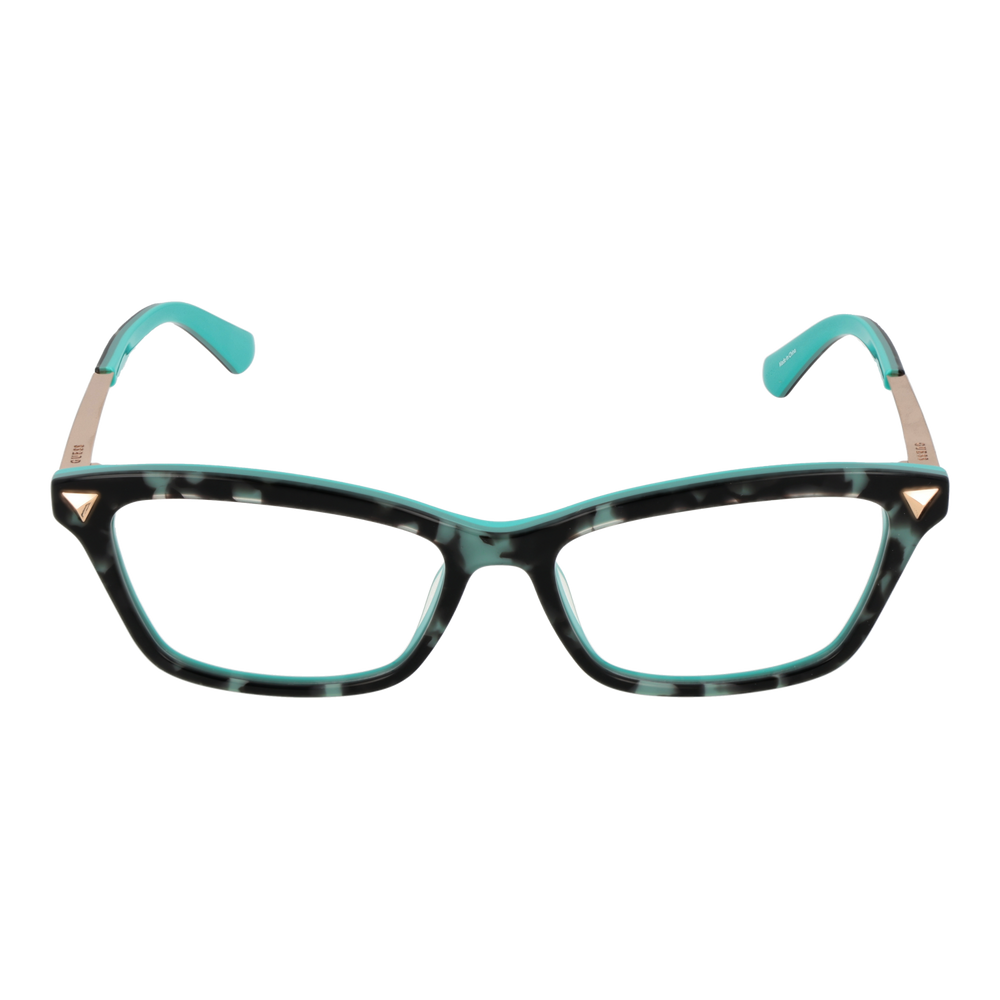 Turquoise and black two-tone rectangular eyeglasses with gold metal temples and triangular corner accents for Women