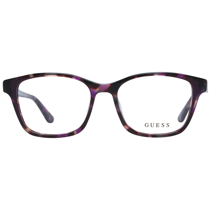 Purple tortoiseshell square eyeglasses in plastic frame with transparent lenses, tapered temples, modern profile