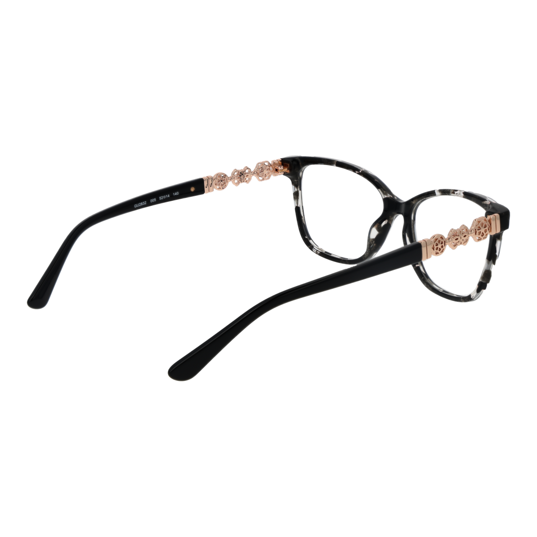 Black speckled cat-eye eyeglasses with rose-gold floral temple accents on white background