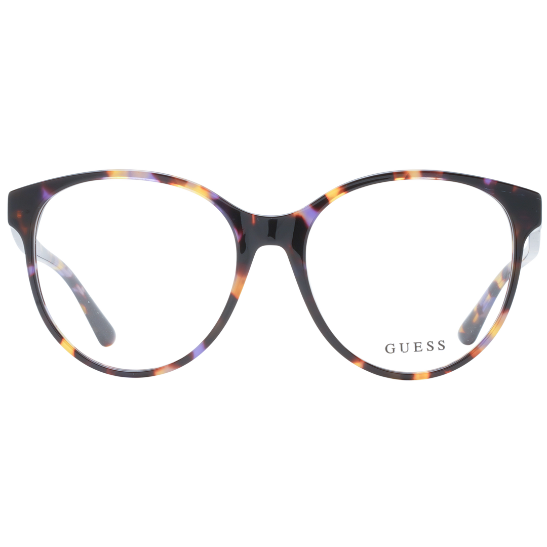 Tortoiseshell round eyeglasses in brown, yellow, and purple tones with full-rim plastic frame and logo temple