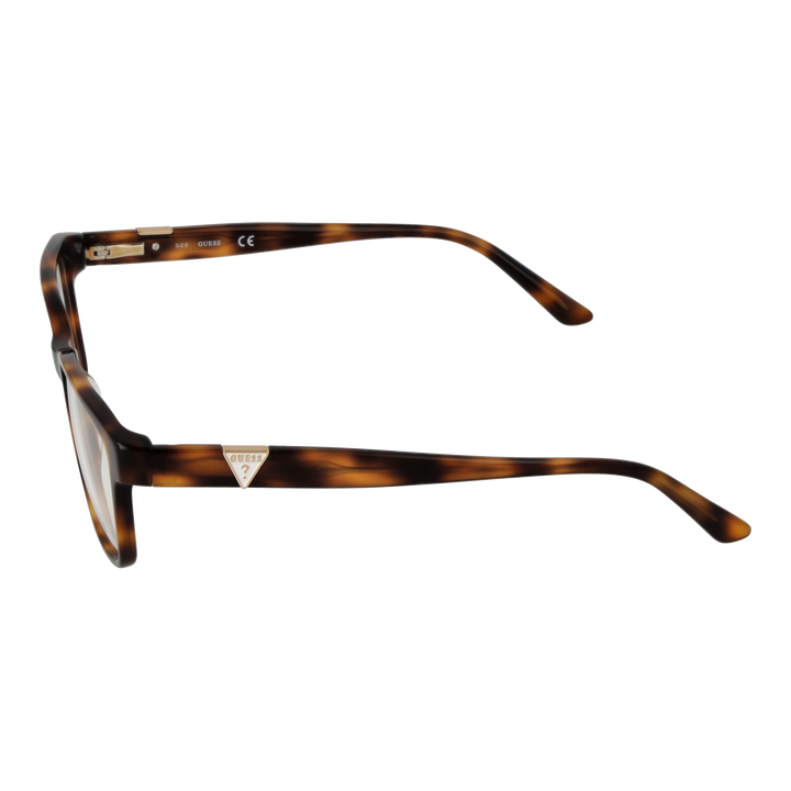 Tortoise brown full-rim rectangular eyeglasses in plastic with gold triangular temple logos, front three-quarter view