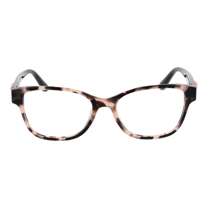 Tortoise shell rectangular eyeglasses with black temples and gold-pink decorative embellishments