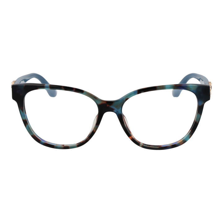 Blue tortoiseshell cat-eye eyeglasses with gold emblem on temples, plastic full-rim frame for Women