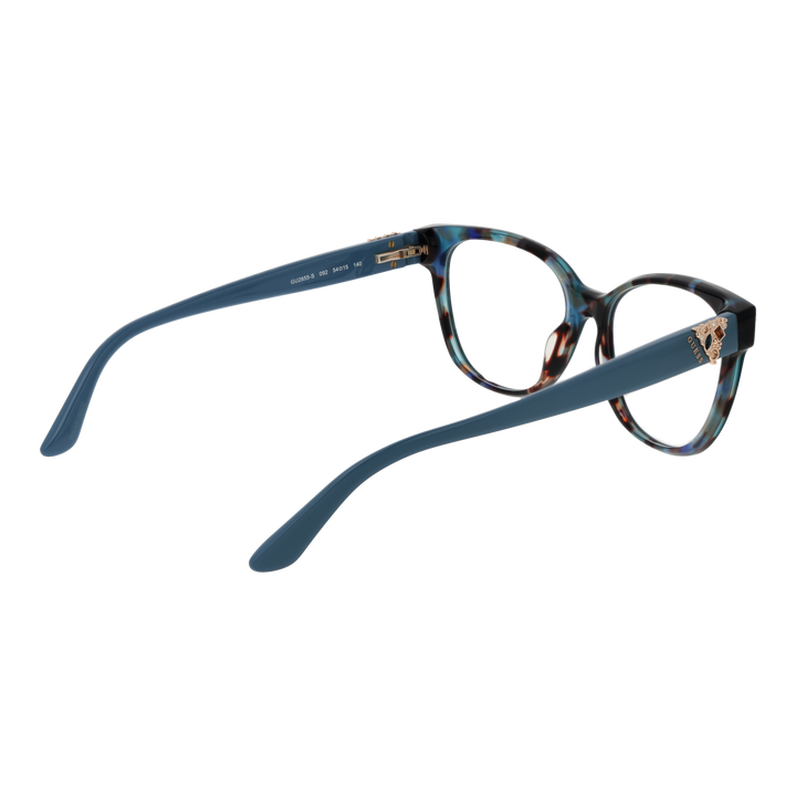 Blue tortoiseshell cat-eye eyeglasses with gold emblem on temples, plastic full-rim frame for Women