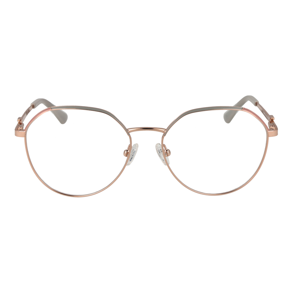Rose gold thin metal round eyeglasses with adjustable nose pads and white temple tips on neutral background