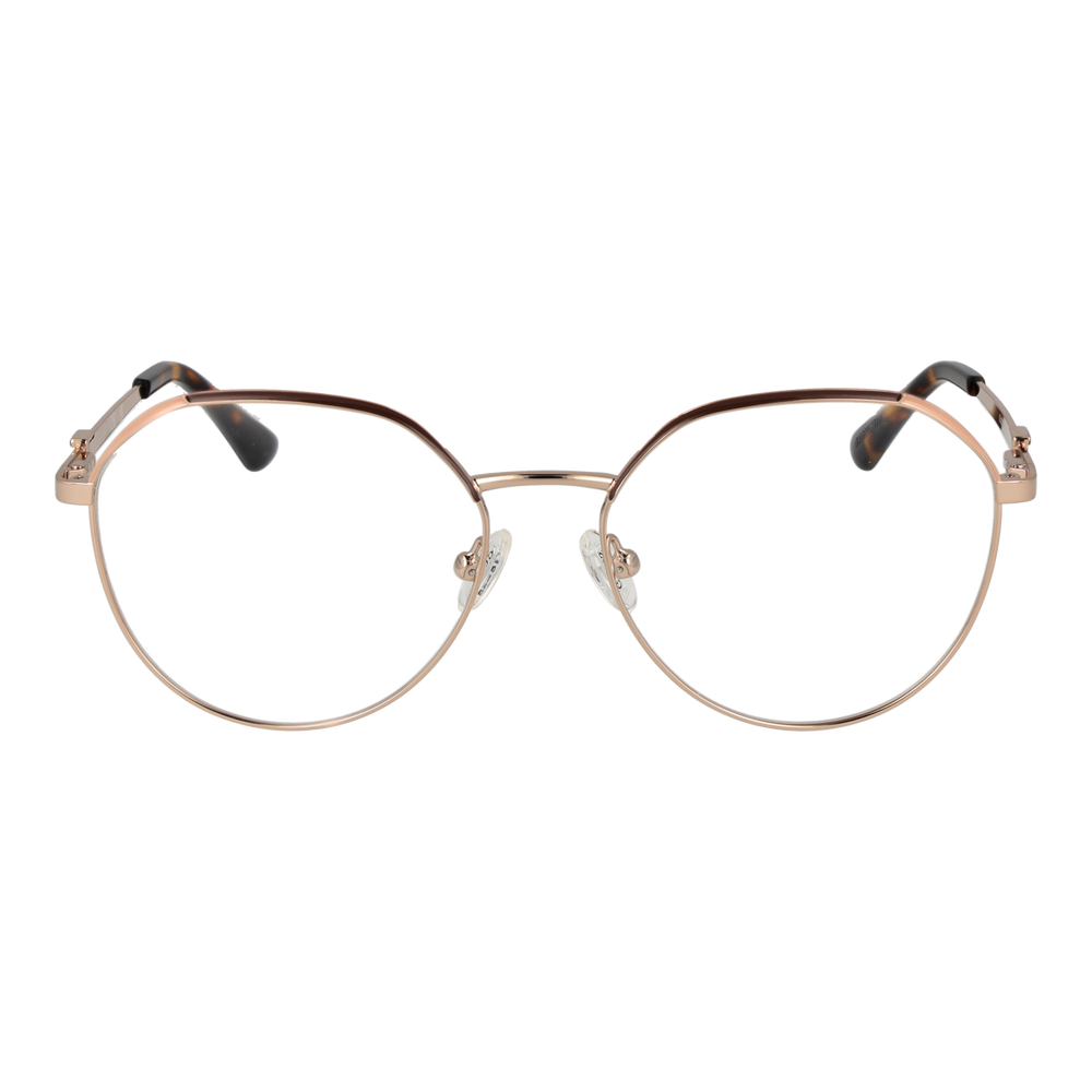 Rose gold thin metal round eyeglasses with tortoiseshell temple tips on a neutral background for Women