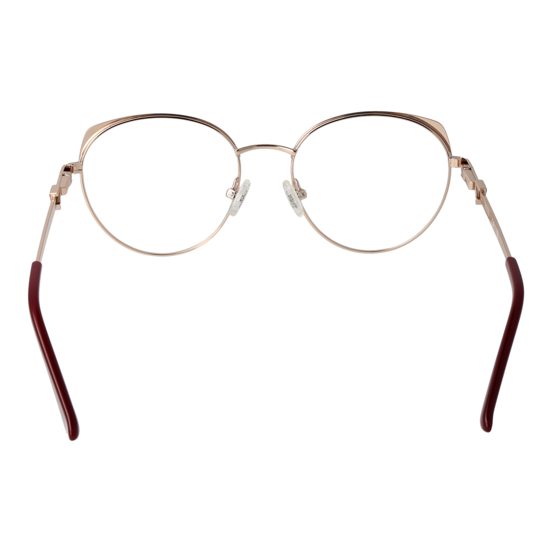 Gold thin metal round eyeglasses with burgundy temple tips and decorative hinge detail, front view