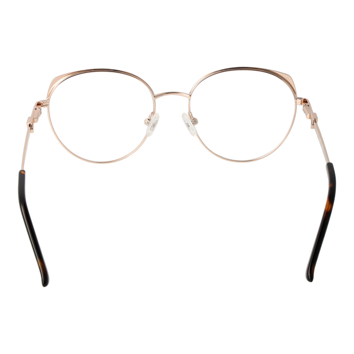 Rose-gold thin metal round eyeglasses with tortoiseshell temple tips on neutral background, front view
