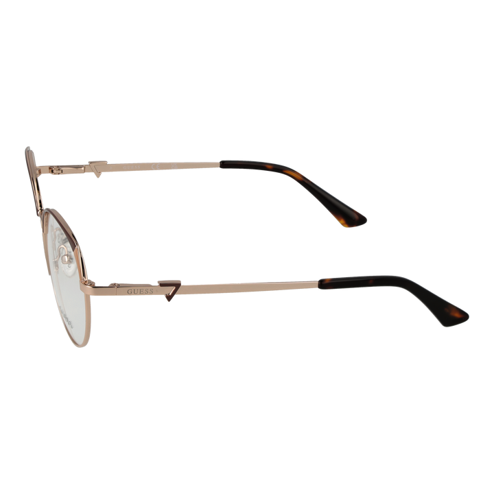 Rose-gold thin metal round eyeglasses with tortoiseshell temple tips on neutral background, front view