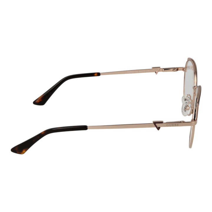 Rose-gold thin metal round eyeglasses with tortoiseshell temple tips on neutral background, front view