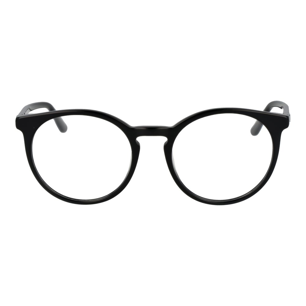 Black plastic full-rim round eyeglasses with integrated nose pads displayed front-facing on white background