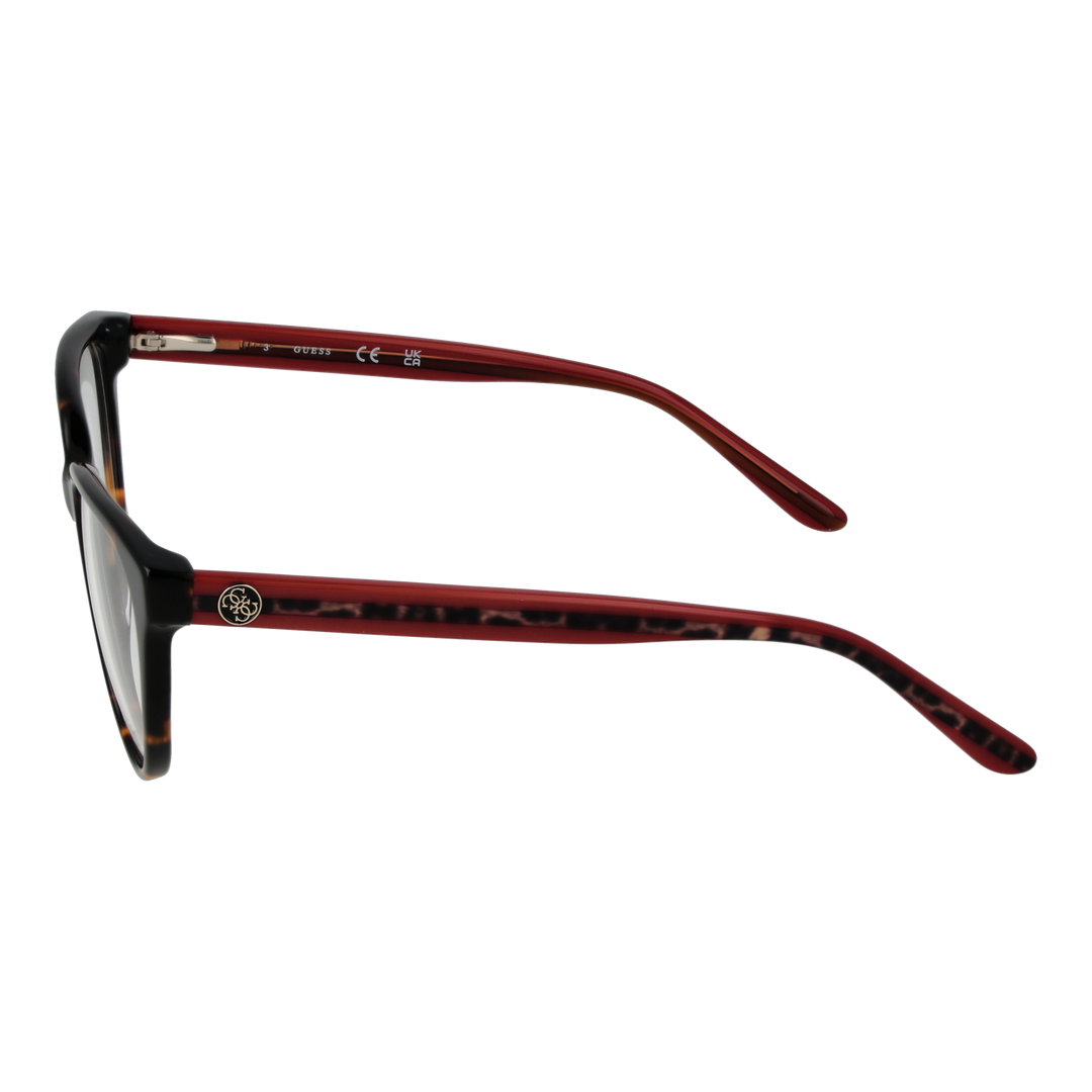 Tortoiseshell cat-eye eyeglasses for Women with red arms and logo emblem on arm, front three-quarter view