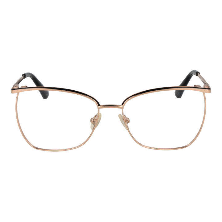 Rose gold metal cat-eye eyeglasses with black accents, thin temples, and clear lenses on white background