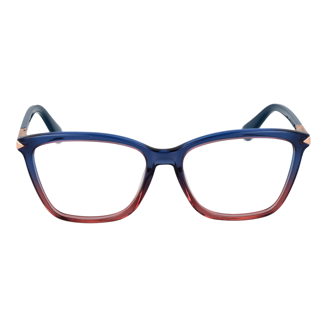 Blue-to-red gradient square eyeglasses with rose-gold metal temples on white background