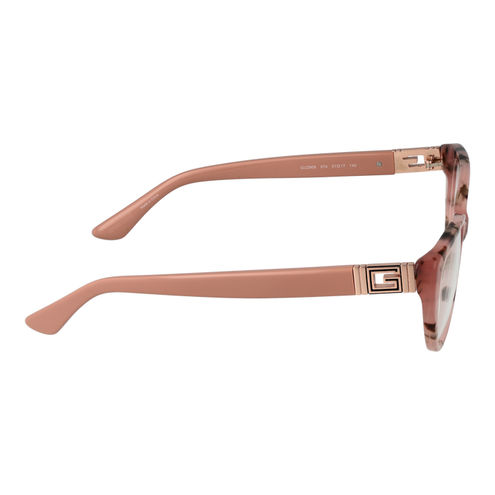 Pink tortoiseshell cat-eye eyeglasses in plastic with decorative metal logos on temples, angled view