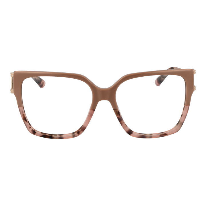 Brown tortoiseshell square eyeglasses with slim metal temples and triangular metal detail, angled view on white