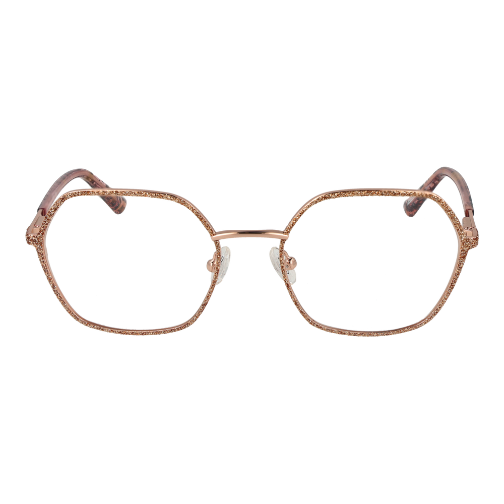 Rose gold geometric eyeglasses with glittery metal front and leopard-print plastic temples for Women